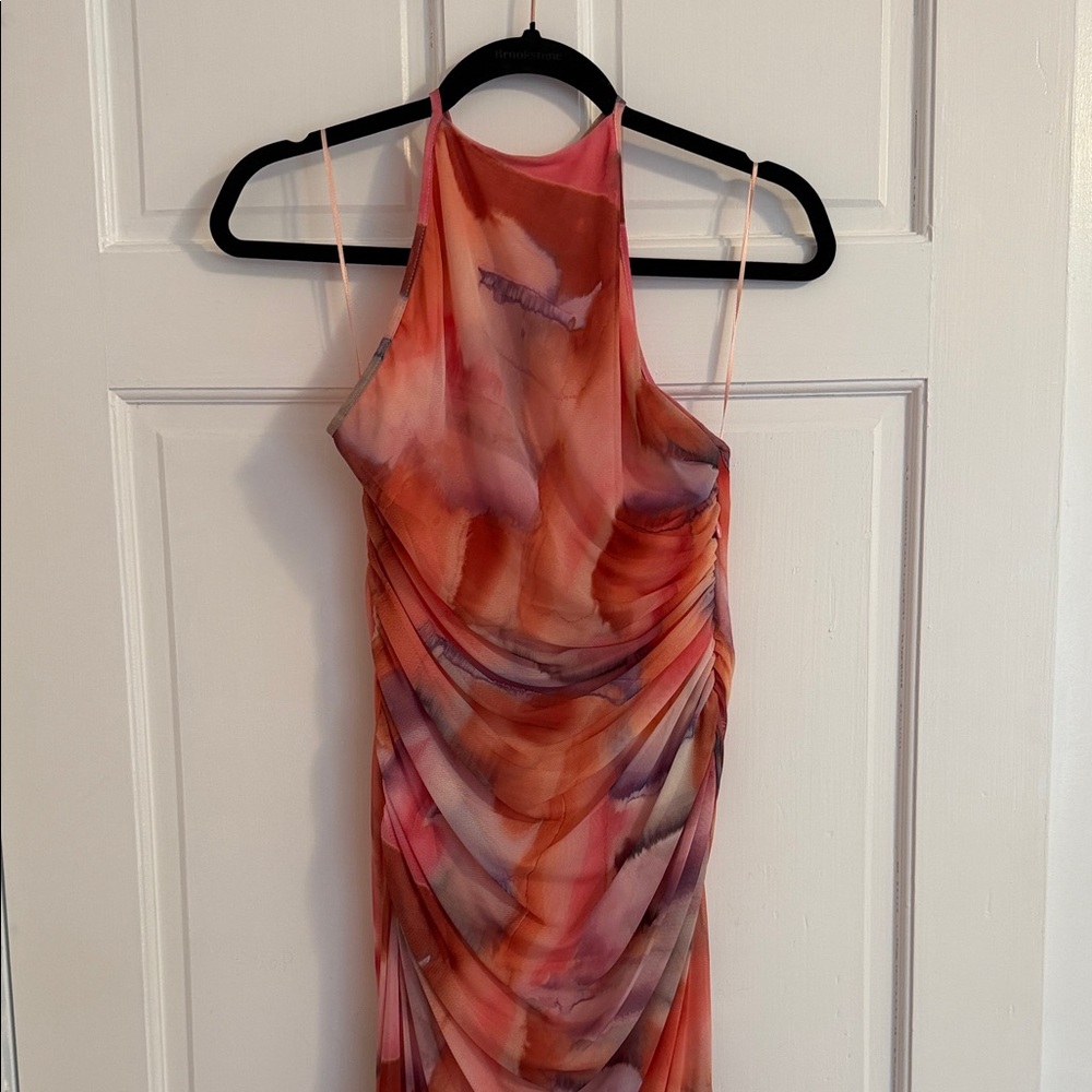 Zara Halter Ruched Maxi Dress in Coral Watercolor Size L
